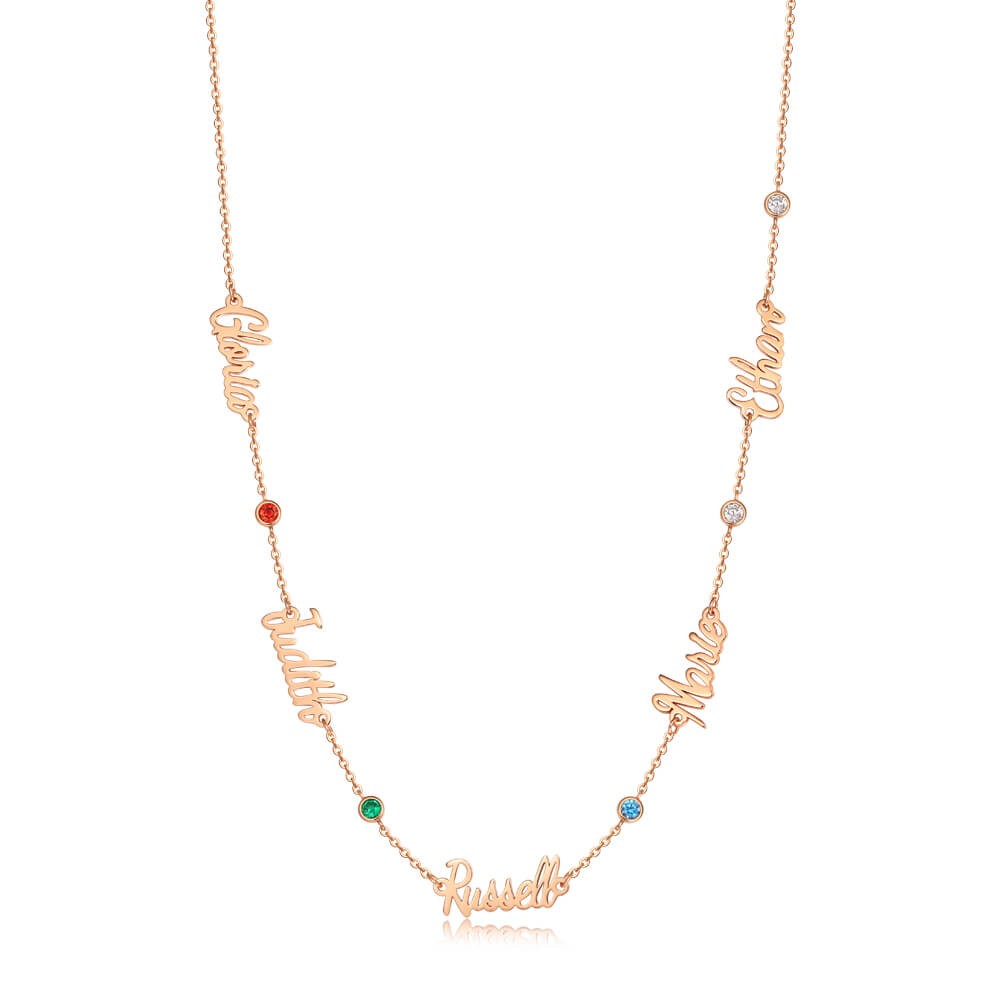Collar con nombre personalizado chapado en oro rosa de 18 quilates con 1-6 nombres y piedras de nacimiento