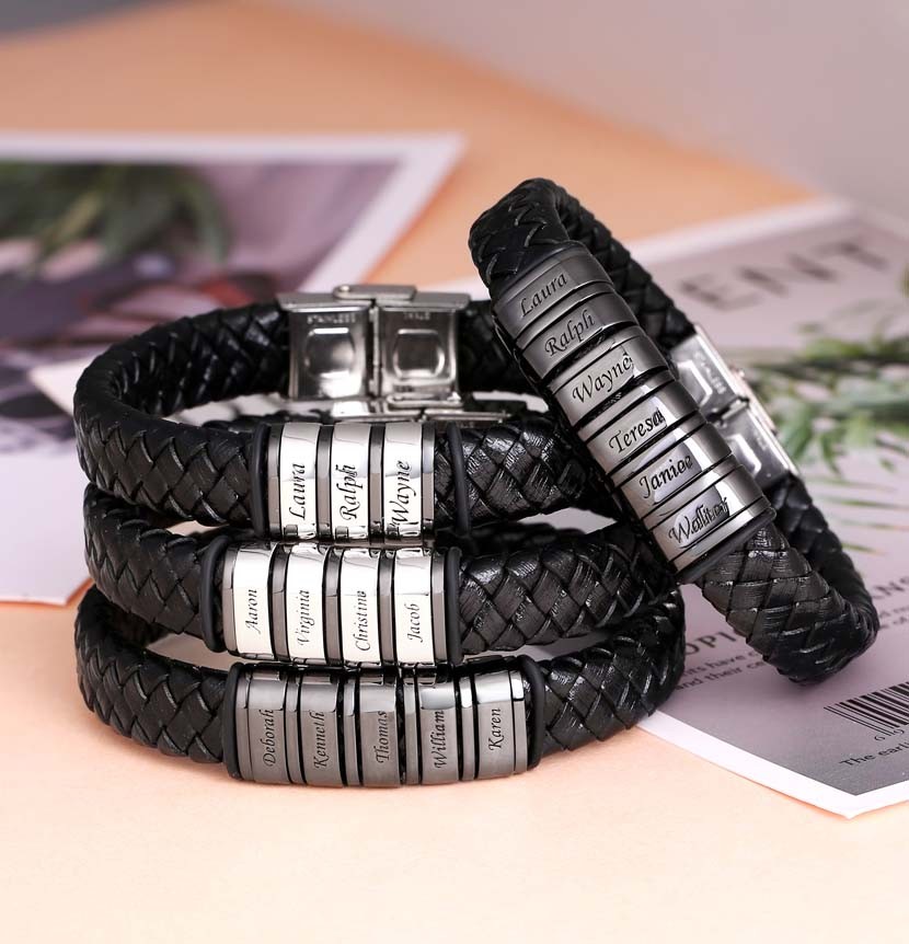 Pulsera de cuero trenzada de cuentas para hombre personalizada con 1-10 cuentas