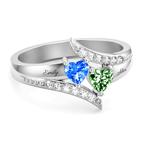 Anillo de promesa con piedra natal de doble corazón personalizado de plata esterlina S925 para ella