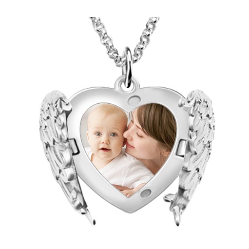 Collar con medallón con foto de corazón con alas de ángel personalizado