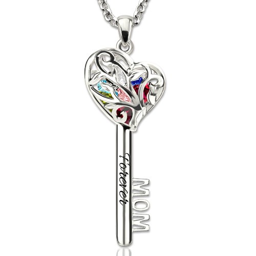 Collar personalizado con llave en forma de jaula de corazón de mamá con piedras natales de 1 a 8
