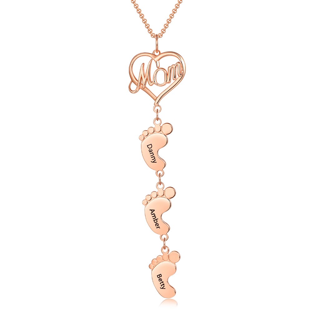 Collar de mamá personalizado chapado en oro rosa de 18 quilates con pies de bebé 1-10 colgantes