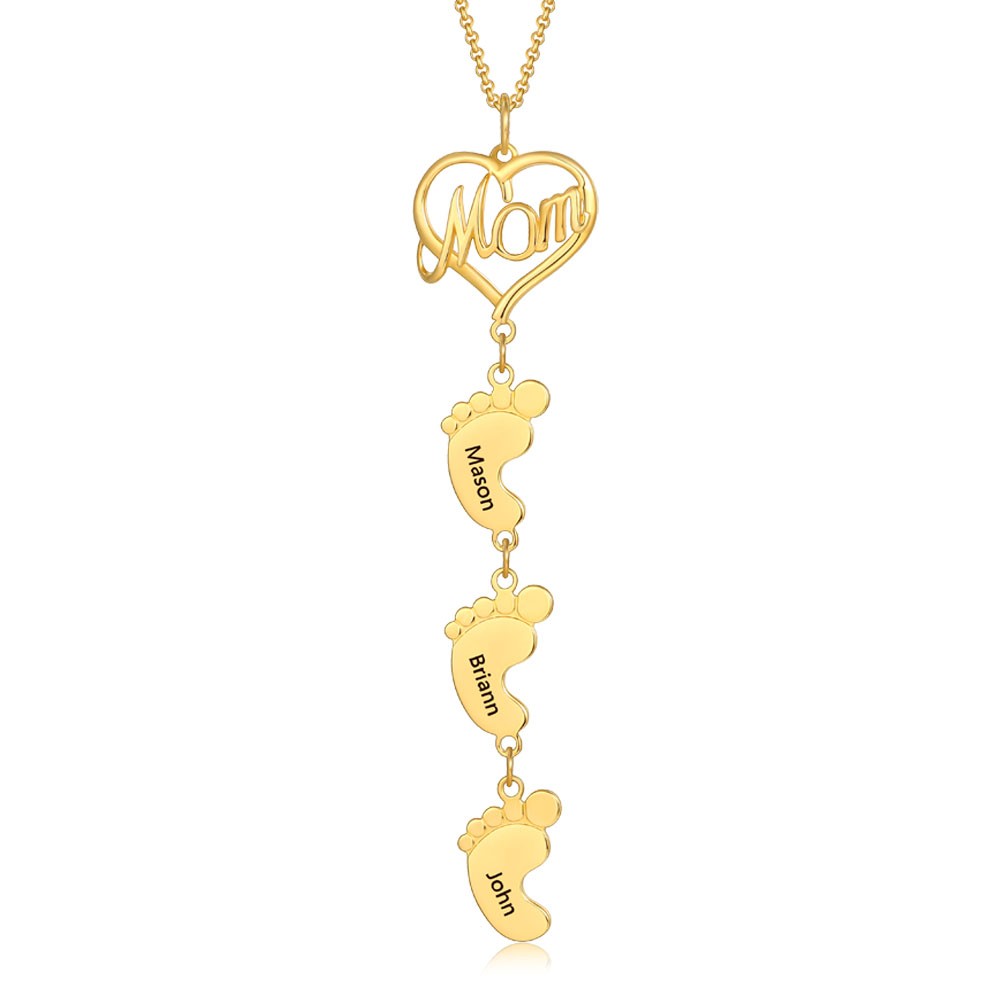 Collar de mamá personalizado chapado en oro de 18 quilates con pies de bebé 1-10 colgantes