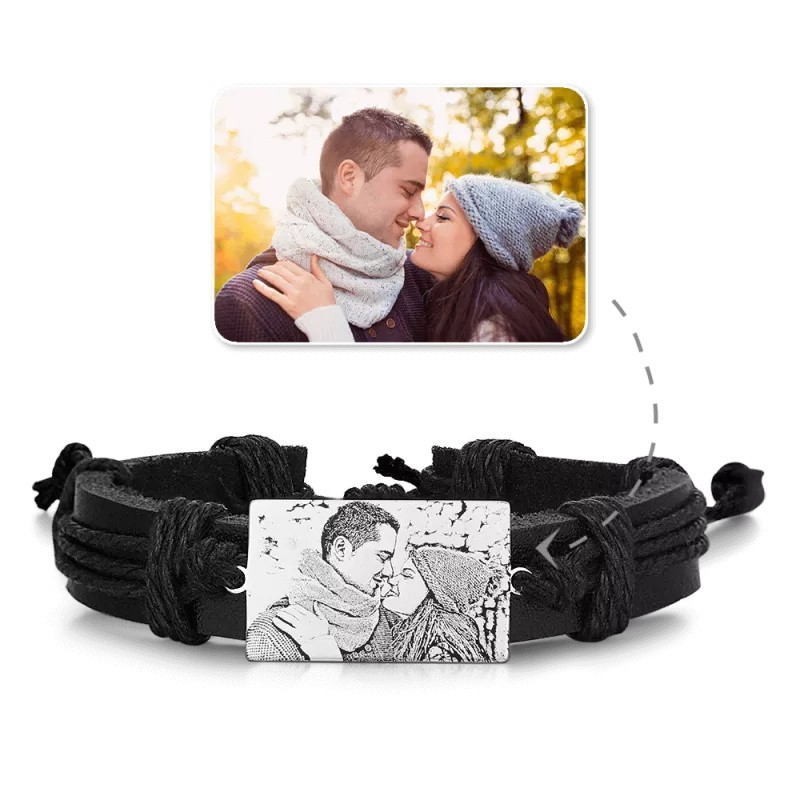 Hombre Pulsera con Etiqueta Rectangular con Foto Grabable Pulsera de Cuero Negro