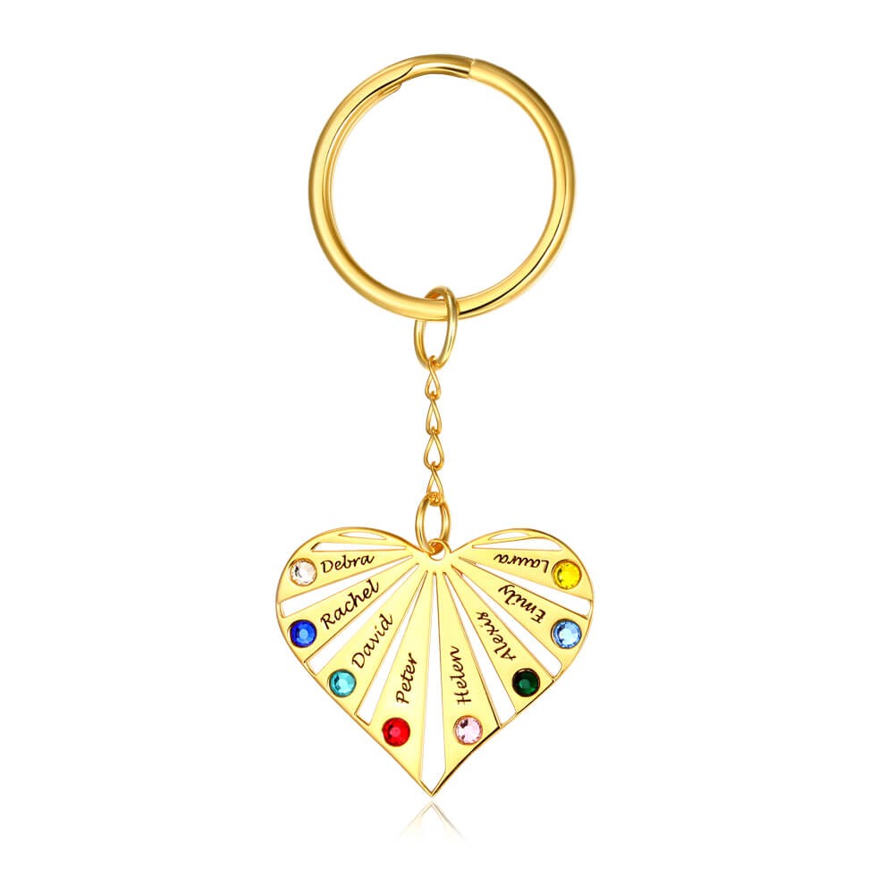 Chapado en oro personalizado 1-8 Nombres grabados con llavero con piedra de nacimiento Regalo para el día de la madre