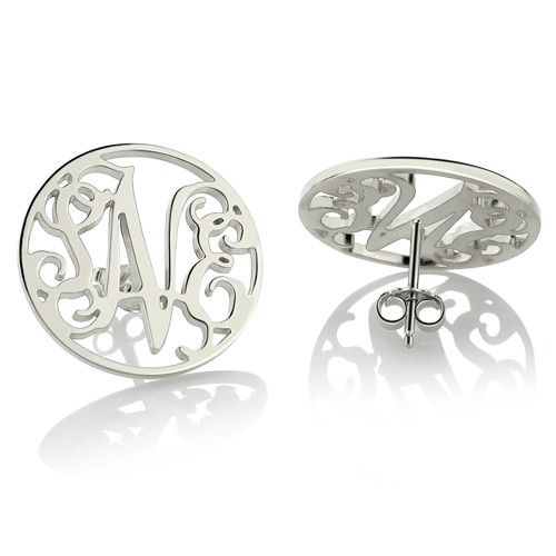 Pendientes de botón con monograma circular personalizados en plata de ley
