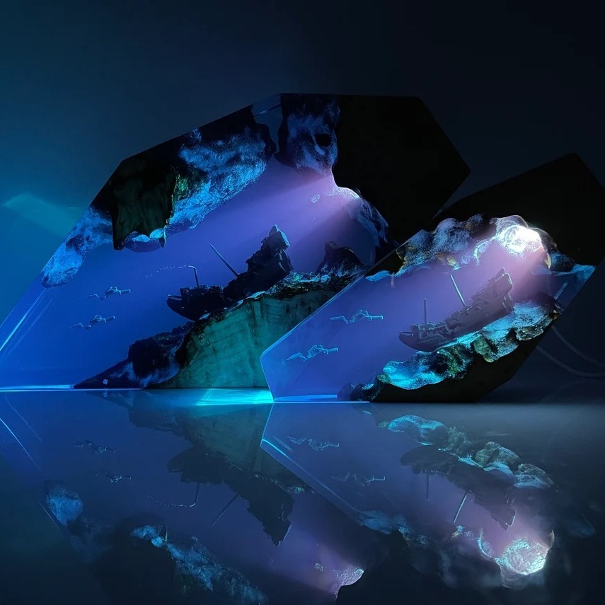 Buzos exploran naufragio resina luz nocturna resina lámpara de madera azul océano miniatura