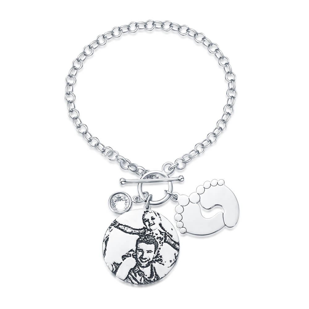 Pulsera con etiqueta personalizada con foto grabada y grabado para tu amor
