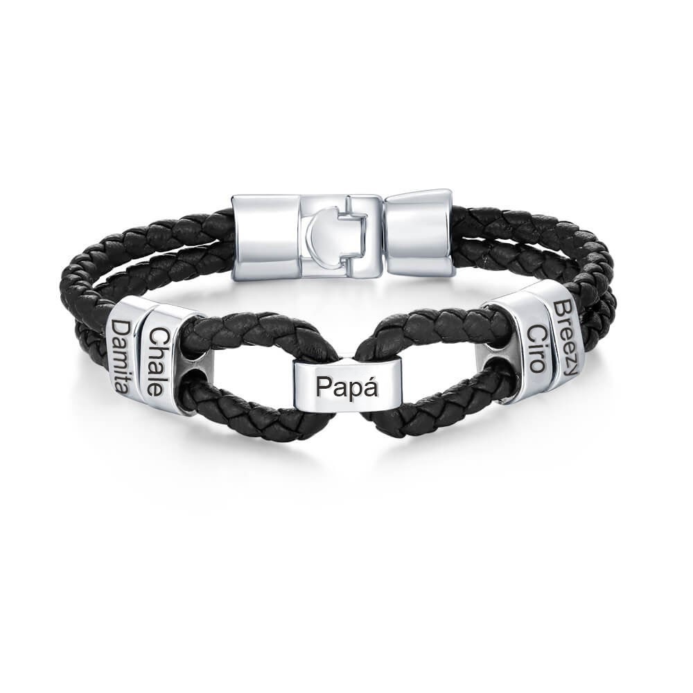 Pulsera familiar de cuero genuino trenzado con pequeñas cuentas personalizadas en plata de 1 a 12 cuentas