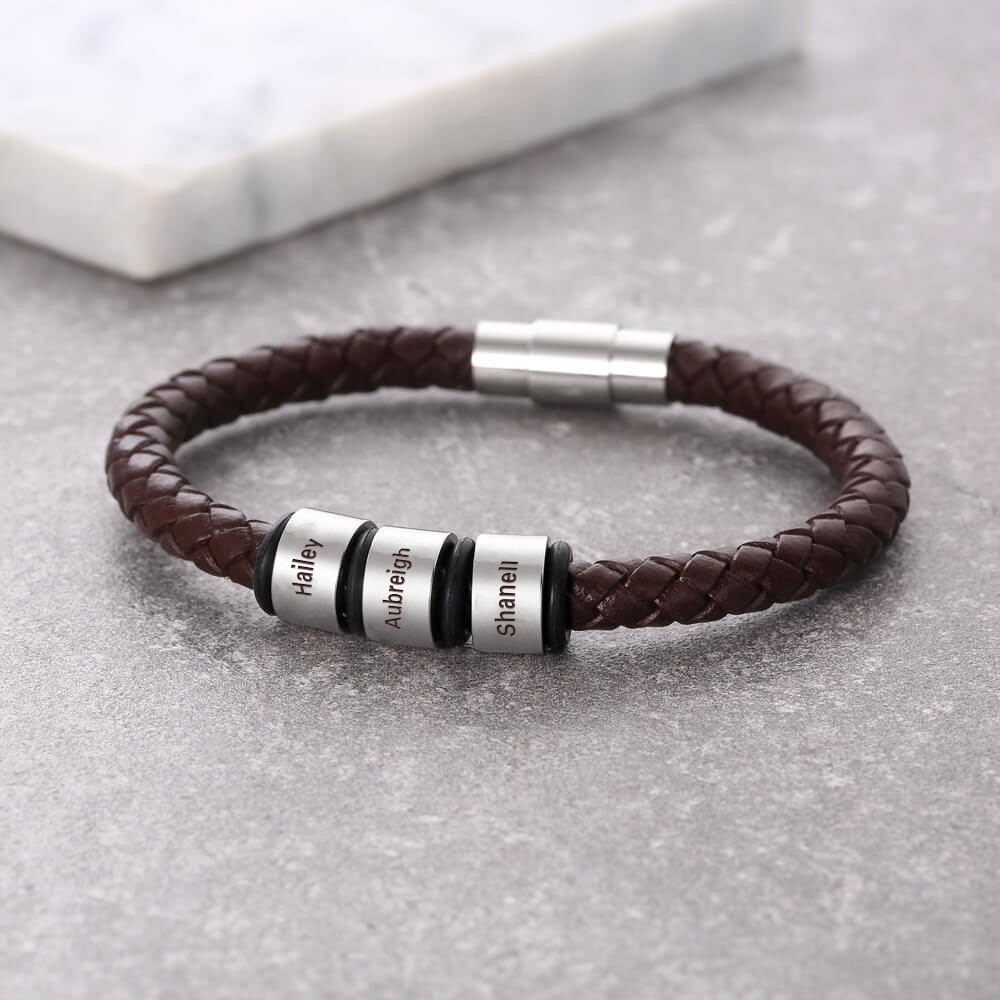 Pulsera de cuero marrón personalizada con 1-10 cuentas
