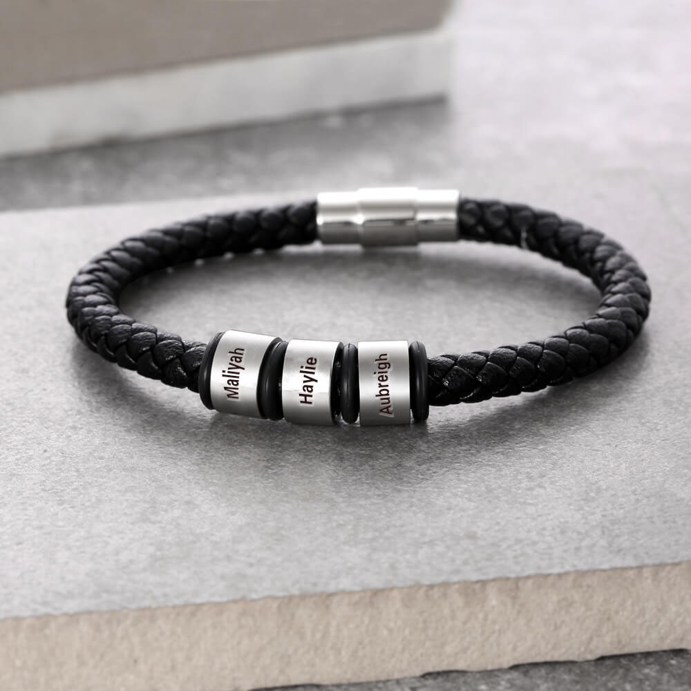Pulsera de cuero negra personalizada con 1-10 cuentas