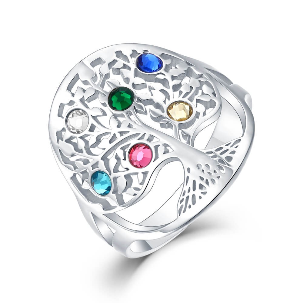 S925 Anillo de árbol genealógico personalizado de plata esterlina con 1-6 piedras natales