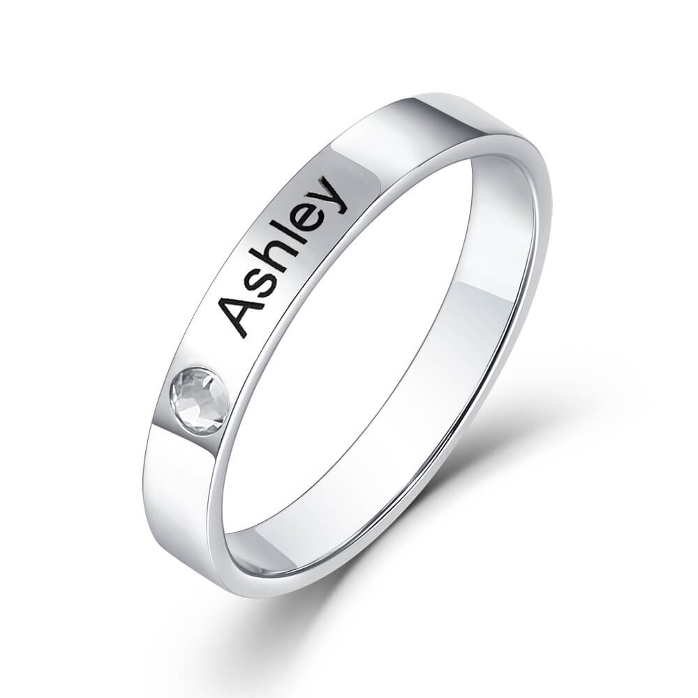Anillo con nombre personalizado de plata esterlina S925 con piedra de nacimiento