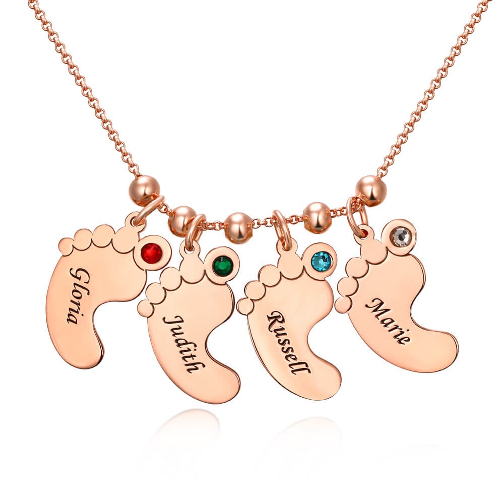 Chapado en oro rosa de 18 quilates personalizado 1-10 collar de dijes grabables con forma de pies de bebé colgante collar de piedras de nacimiento para mamá