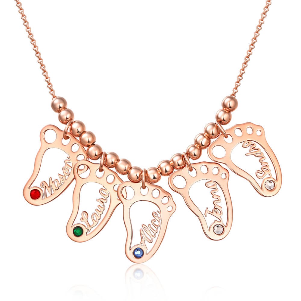 Chapado en oro rosa de 18 quilates personalizado 1-10 pies de bebé colgantes con forma de nombre collar con piedras de nacimiento collar de la madre
