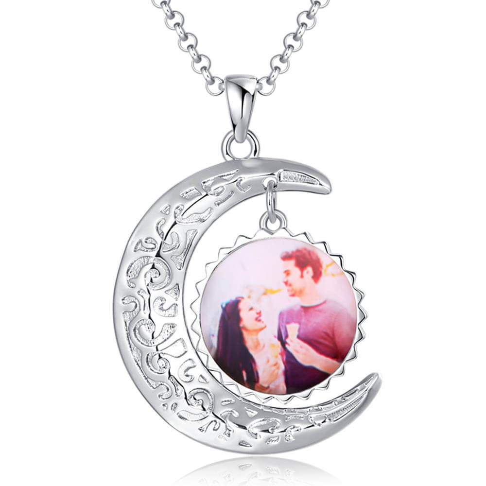 S925 Collar de Plata con Foto Personalizada Sol y Luna