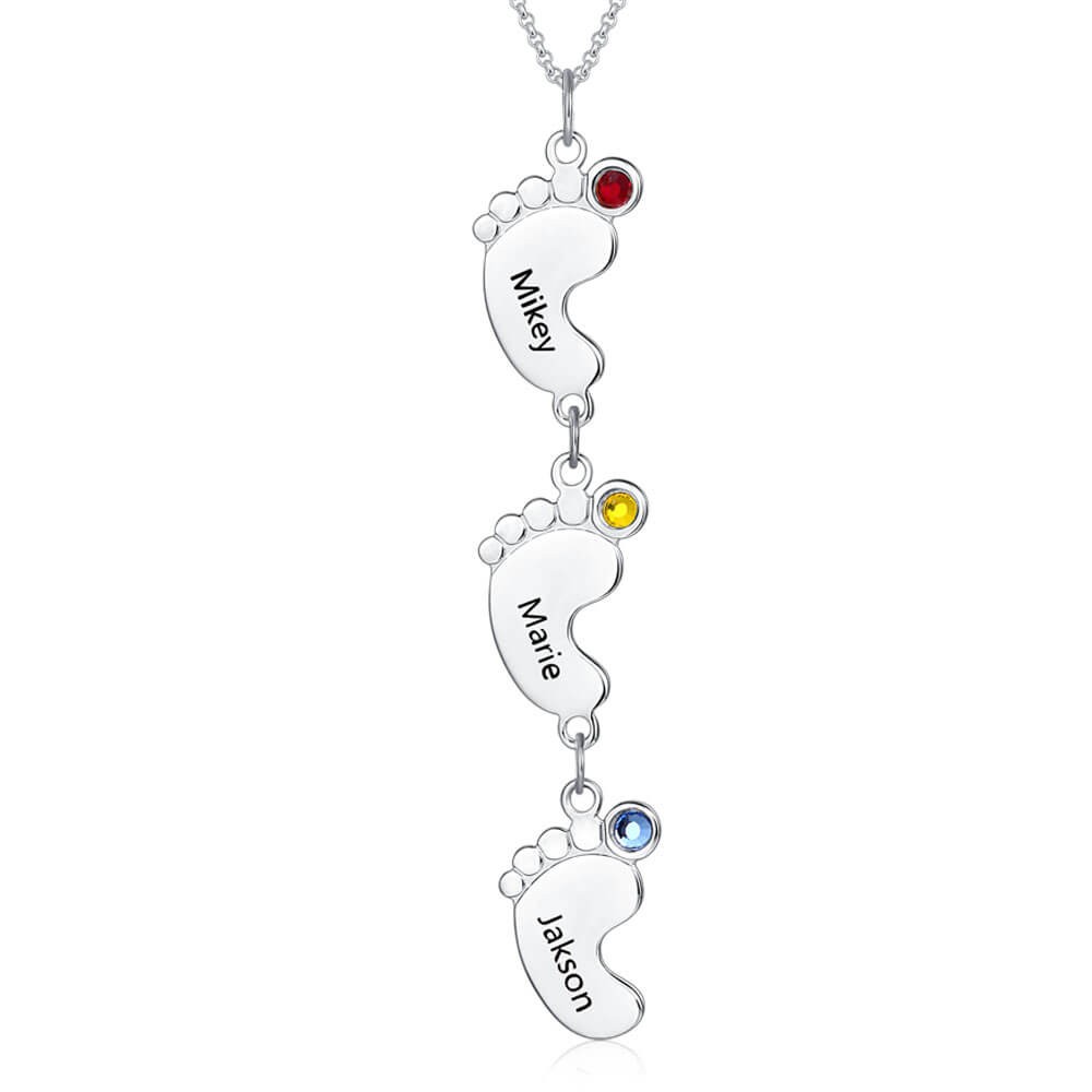 Collar de plata personalizado para mamá con pies de bebé 1-10 colgantes