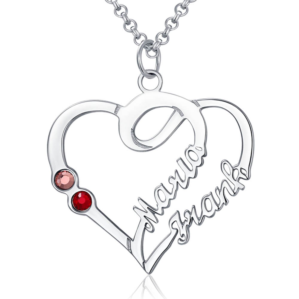 Collar personalizado con nombres de corazones de pareja con piedras de nacimiento