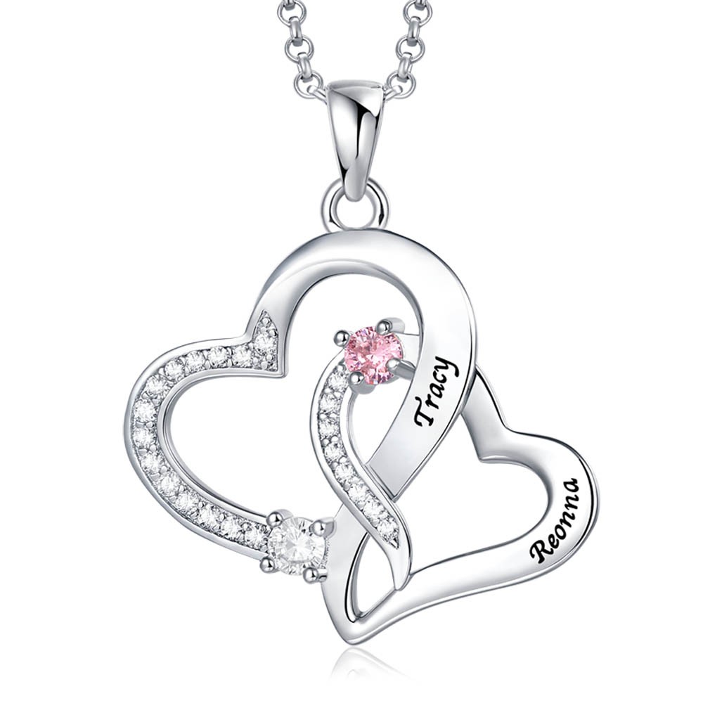 Collar personalizado de doble corazón con 2 nombres y piedras de nacimiento