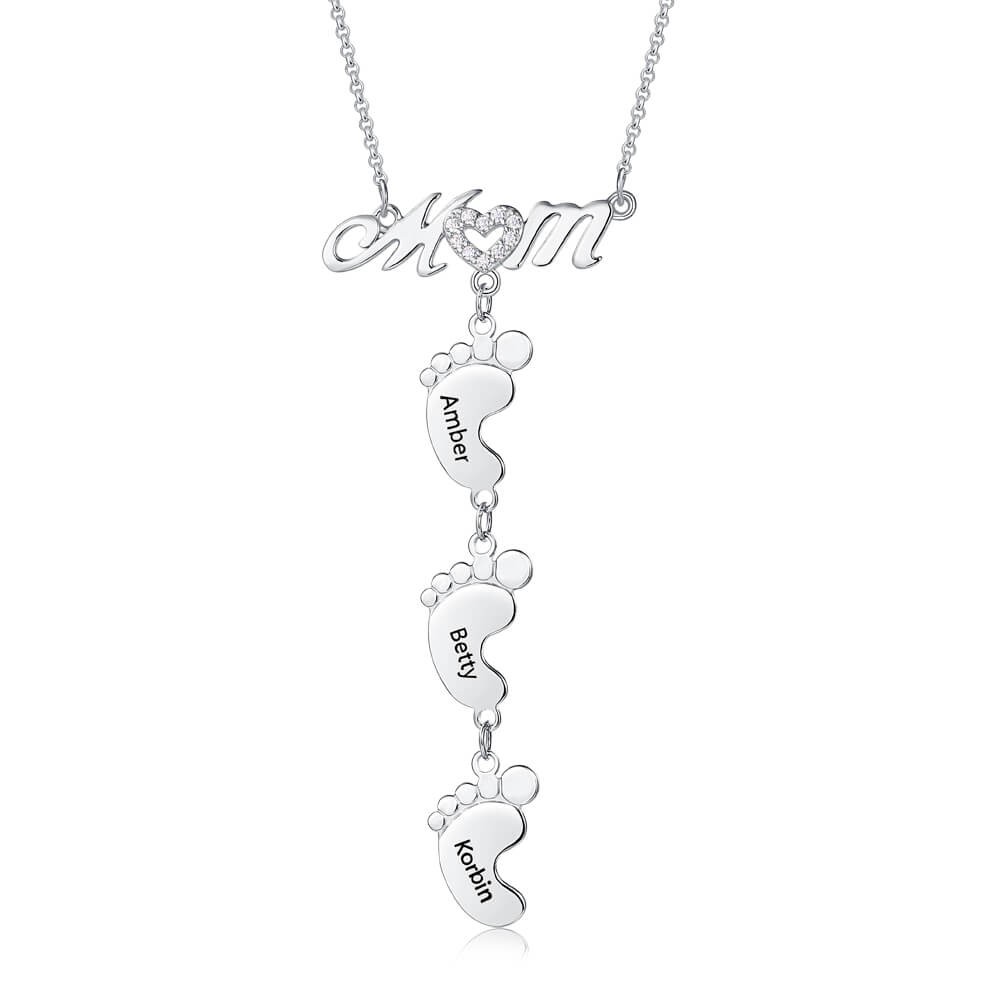 Collar de plata personalizado para mamá con pies de bebé 1-10 colgantes