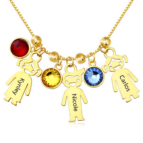 Collar de niños grabado chapado en oro 1-15 colgantes opcional con piedra de nacimiento