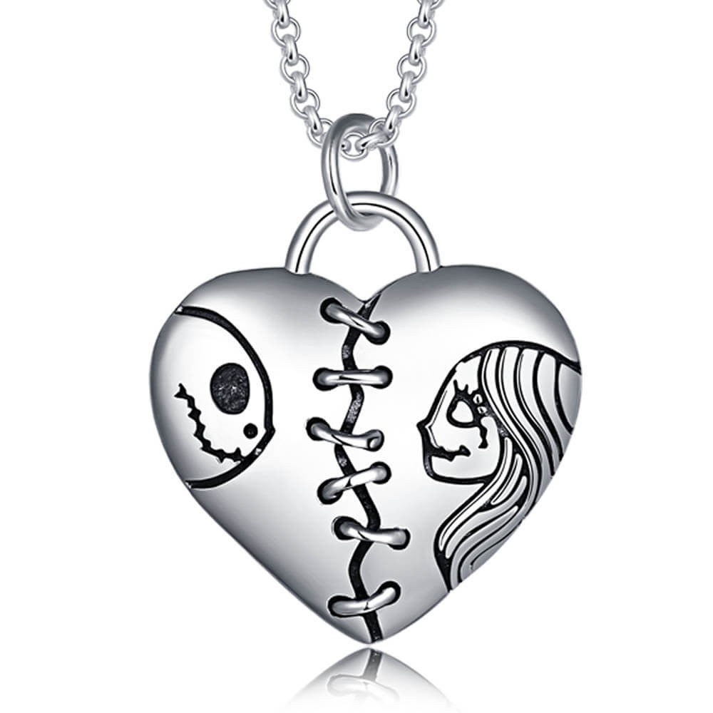 Collar de grabado de nombre de pareja de Jack Skellington y Sally de corazón encantador de plata Regalos de San Valentín