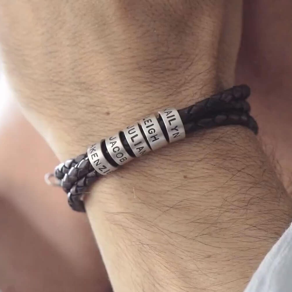 Pulsera de cuentas de cuero con grabado personalizado con 1-10 nombres de familia, regalo para papá
