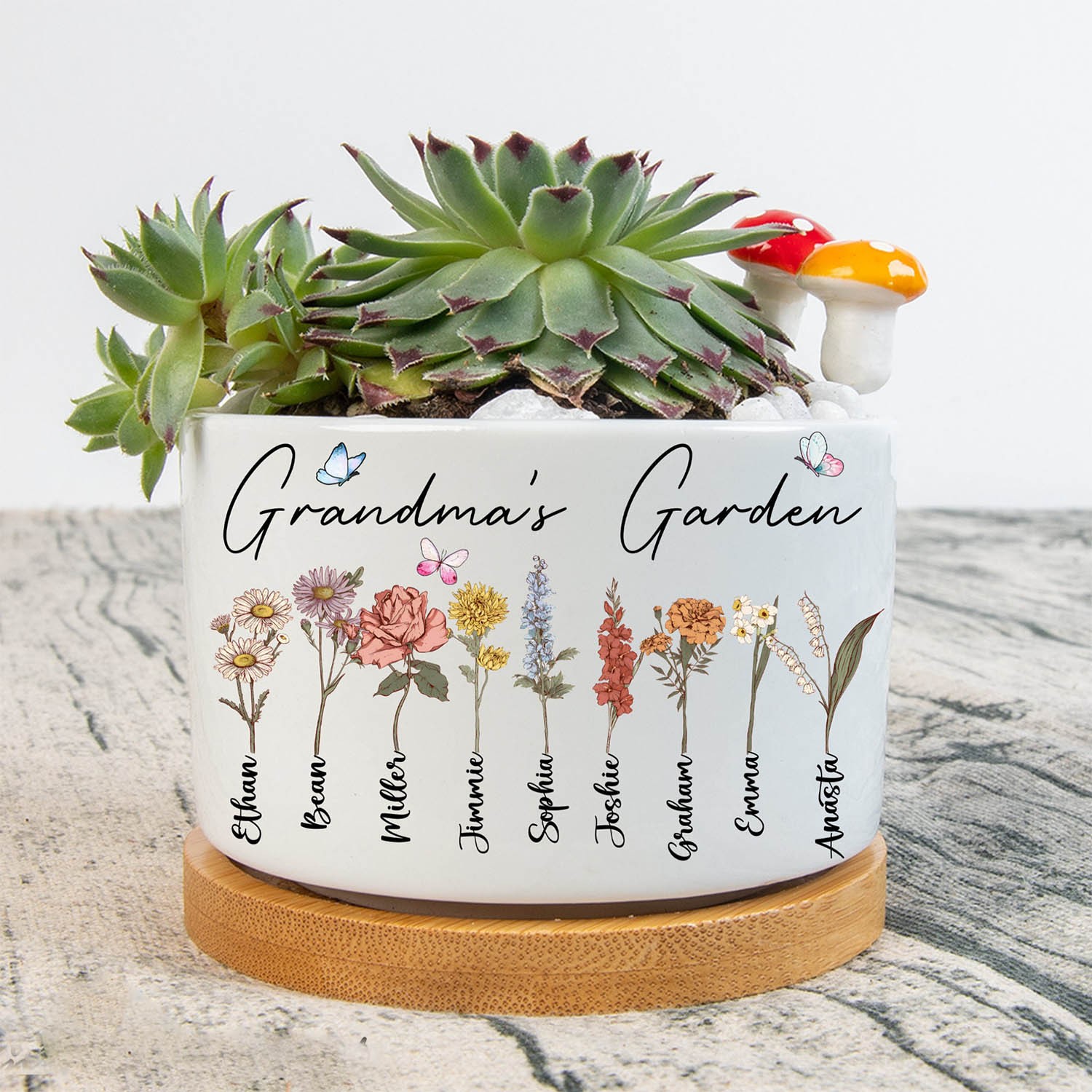 Maceta de flores de nacimiento de jardín de la abuela personalizada para mamá, abuela