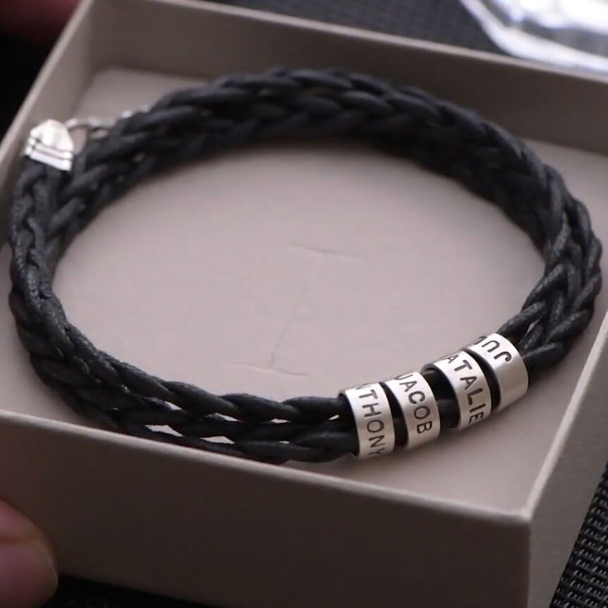 Pulsera de cuentas de cuero personalizada con 1-10 nombres de familia grabados para regalos del día del padre