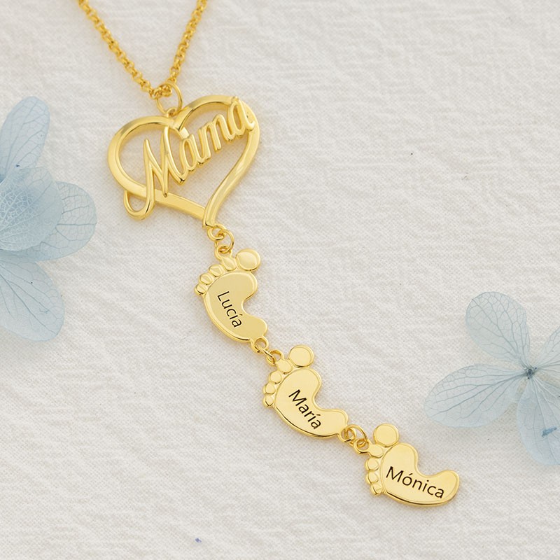 Collar de Mamá Personalizado con Pies de Bebé 1-10 Colgantes