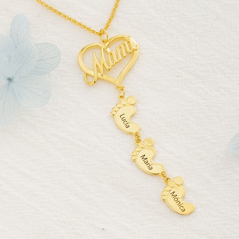 Collar de Mamá Personalizado con Pies de Bebé 1-10 Colgantes