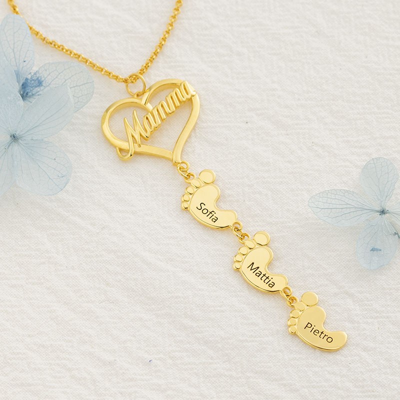 Collar de Mamá Personalizado con Pies de Bebé 1-10 Colgantes