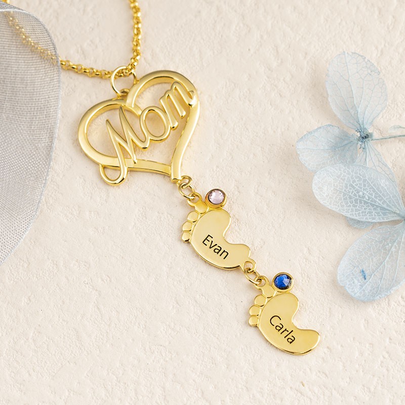 Collar de Mamá Personalizado con Pies de Bebé 1-10 Colgantes