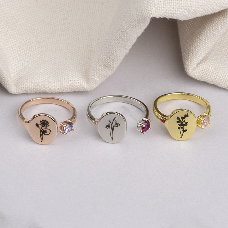 Anillo de sello de flor de nacimiento hecho a mano personalizado