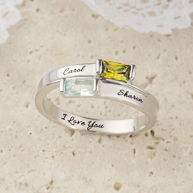 Anillo de promesa de desvío de doble baguette personalizado de plata esterlina S925 para ella con grabado
