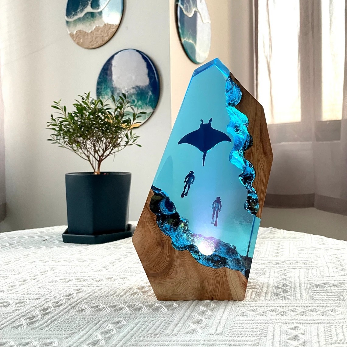 MEJOR VENDEDOR❗❗(50% DE DESCUENTO) Manta Rays Pareja Buzos Luz Nocturna Lámpara De Madera De Resina Regalo De Navidad Regalos Para Niños