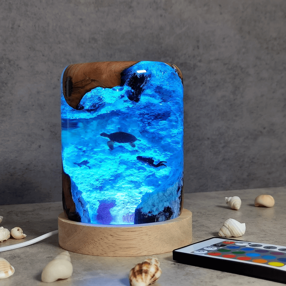 Lámpara de madera de resina con luz nocturna de buzo de tortuga marina, regalo de Navidad en miniatura de océano azul, regalo para niños