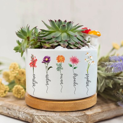 Maceta de planta de flor de mes de nacimiento al aire libre personalizada con nombre de niños regalo del día de la madre