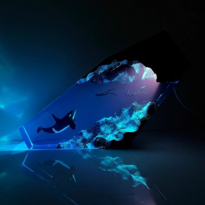 Orca y Tandem Diver Resina Luz Nocturna Resina Lámpara de Madera Azul Océano Miniatura