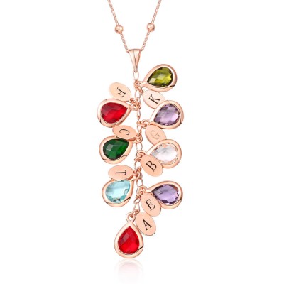 Collar de gota de piedra natal personalizado chapado en oro rosa de 18 quilates para ella con 1-8 colgantes