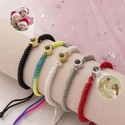 Pulsera con dije de proyección fotográfica conmemorativa de cuerda trenzada personalizada, regalo familiar de Navidad para mamá, papá y abuela