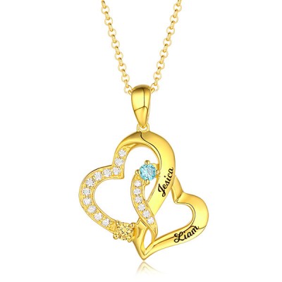 Collar personalizado de doble corazón con 2 nombres y piedras de nacimiento