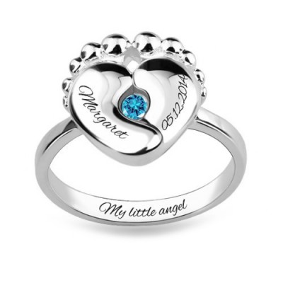 Anillo de plata de ley con grabado personalizado para pies de bebé S925 con piedra de nacimiento