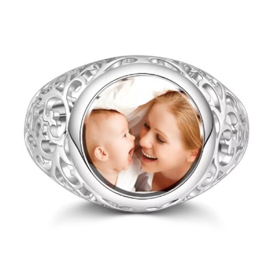 Anillo con foto de madre redondo personalizado de plata esterlina S925
