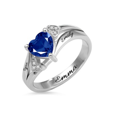 S925 Anillo de promesa con piedra de nacimiento de corazón grabado en plata esterlina para ella