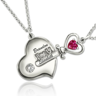 Collar de plata con piedra natal de la llave de mi corazón para parejas S925