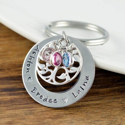 Grabado personalizado de 1-6 nombres con llavero de piedra natal, regalo para mamá y abuela