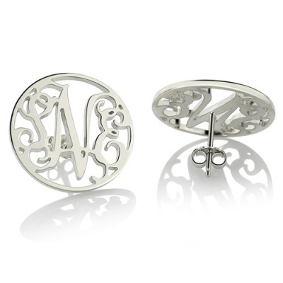 Pendientes de botón con monograma circular personalizados en plata de ley