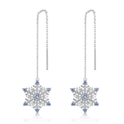 Aretes largos con piedras preciosas de copo de nieve en plata