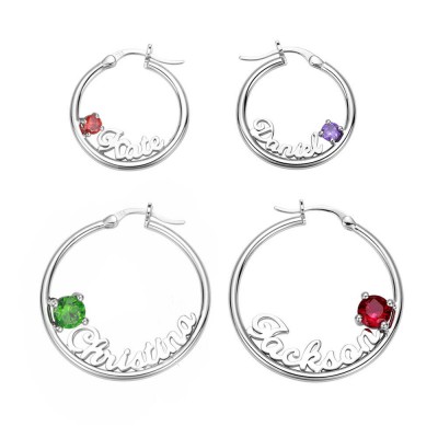 Aretes tipo argolla con piedra natal con nombre personalizado en plata